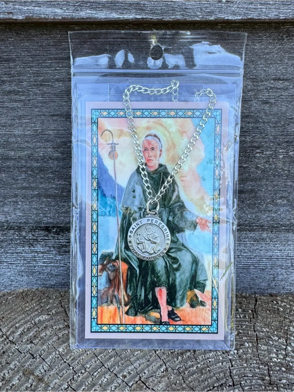 Saint Peregrine Medal Necklace Prayer Card Catholic Patron Cancer Silver Tone